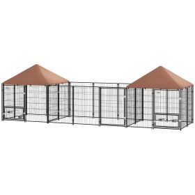 PawHut Large Outdoor Dog Kennel with 2 Rooms, Rotating & Adjustable Height Bowls, Waterproof & UV-Resistant Canopy